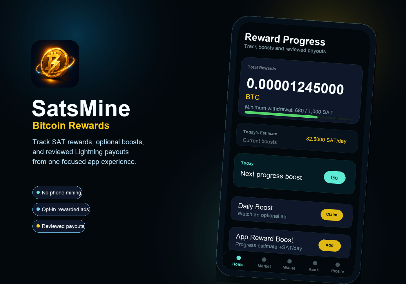 SatsMine app preview showing reward progress and boost cards